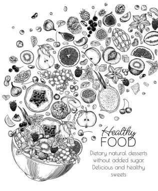  Bir kase meyve salatasının vektör çizimi. Fındık, nane ve uçuşta kullanılan malzemelerle. Sağlıklı yemek kafe broşürü. Tatlı etiketi. Tatlı diyet yemeği şablonu