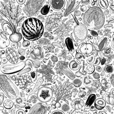  Sebze, meyve, çilek ve fındık kabartmalı kusursuz vektör deseni. Doğranmış vejetaryen malzemelerle dolu bir arka plan. Düzgün yemek pişirmek. Market için yazıcı