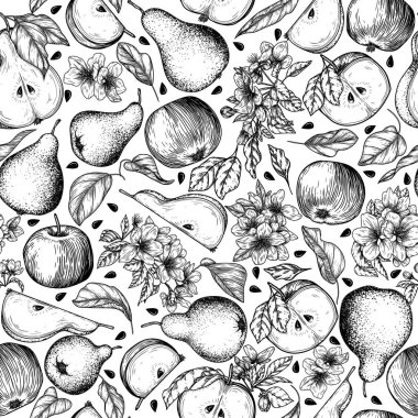  Kusursuz elma ve armut deseni. Meyveler, yapraklar ve çiçekler