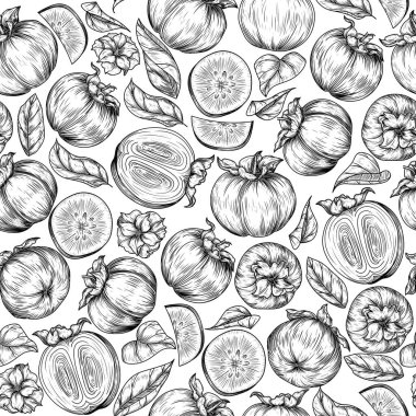  Hurmanın kusursuz vektör deseni, bir parça, oymacılık tarzında yarım meyve. Marketin arka planı. Sağlıklı yiyecekler. Tropik botanik. Organik tarım