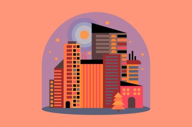 Düz stil, şirin, klasik, modern bir kasaba. Kartpostal, broşür, broşür, kartvizit, ambalaj kağıdı, tekstil, duvar kağıdı vb. için bir kubbedeki bir şehir manzarasının kompakt vektör çizimi.