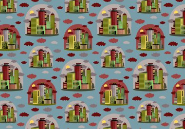 Mavi arkaplanda düz bir şekilde, kusursuz şehir manzarası. Pastel renkli bir şişede yüksek katlı binalar. Ambalaj kağıdı, ambalaj kağıdı, tekstil, duvar kağıdı gibi şeylerin tasarımı ve basımı için çok yönlü bir doku.