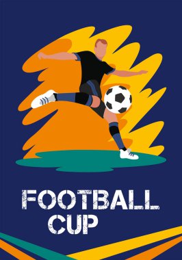 Web ve yazıcı için futbol kupası vektör şablonu. Poster, broşür, broşür. İş ve pazarlamada kullanılacak renkli düz çizim unsurlarına sahip parlak ve dinamik bir afiş.
