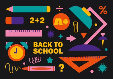 Tasarım için siyah arkaplan üzerindeki tasarım elemanlarına geri dönüyoruz. Çizgi film tarzında vektör illüstrasyonu. Eğitim ve eğitim için renkli rozet ve simgeler, kırtasiye malzemeleri, ofis malzemeleri.