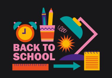 Banner. Back to school design elements on black background for design. Vector illustration in flat cartoon style. Colorful set of badges, icons for training and education, stationery, office supplies. clipart