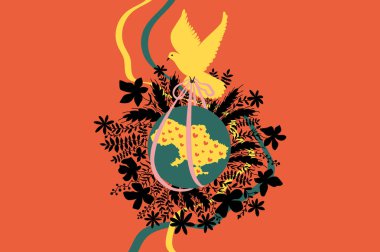 Barış güvercini, Ukrayna ile birlikte gezegeni merkezde tutuyor. Barışın, sevginin ve ülkenin refahının ortaklaşa bir örneği. Dekorasyon ve baskı için çizim.