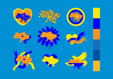 Ülkenin dış hatları ve Ukrayna bayrağıyla çizilmiş karikatür çizimleri. Barışın, sevginin ve ülkenin refahının ortaklaşa bir örneği. Bağımsızlık Günü, Ukrayna Bayrak Günü için mavi ve sarı renkler çiziliyor.