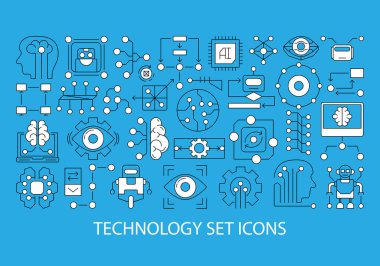 Yapay zeka, makine öğrenimi, beyin ve robotun minimalist simgeleriyle yapılmış modern teknolojinin vektör çizimleri. Dekorasyon ve tasarım için düz minimalist tarzda özet simgeleri.