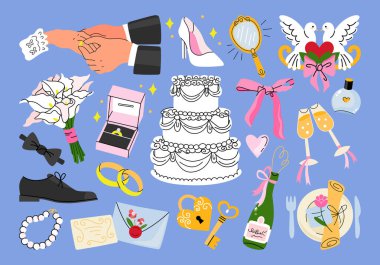 Karikatür çıkartmaları, aksesuarlar ve içinde romantik öğeler olan düğün eşyaları: pasta, yüzük, kilit ve anahtar, ayna, dekorasyon, ayakkabı, davetiye ve elbise. Çizim biçiminde vektör illüstrasyonları.