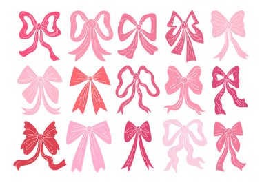 Çizgi film şeritleri, fiyonklar, aksesuarlar. Saç süslemesi için pembe, klasik pembe kurdeleler. Sevimli karalama stili coquette çıkartmaları, ambalaj dekorasyonu ve doğum günü için kıyafetler, aşk, tatil.