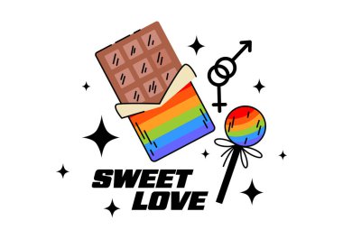 Tatlı çizgi film şekerleri, çikolata, gökkuşağı bayrağı renginde lolipop. Dekorasyon ve baskı için düz vektör çizimi. LGBT +, gurur toleransı, Haziran ayı, cinsel yönelim, cinsiyet, gökkuşağı, eşitlik, gay, lezbiyen, biseksüel.