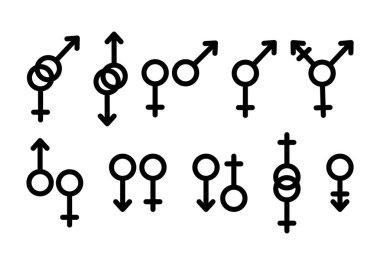 Erkek ve kadının monokrom sembolleri, cinsiyet kimliği. Düz vektör çizimi, çıkartma, simge. LGBT +, gurur toleransı, June, cinsel yönelim, cinsiyet, gökkuşağı, eşitlik, gay, lezbiyen, biseksüel.