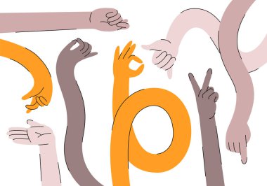 Renkli eller eski çizgi film tarzında jestler yapar. Ellerin ve parmakların farklı pozisyonları: işaret et, tut, tamam, parmak şıklat. İnsan kolları, avuçlar ve bilekler dehşet verici, karalama modası sticker setinde.