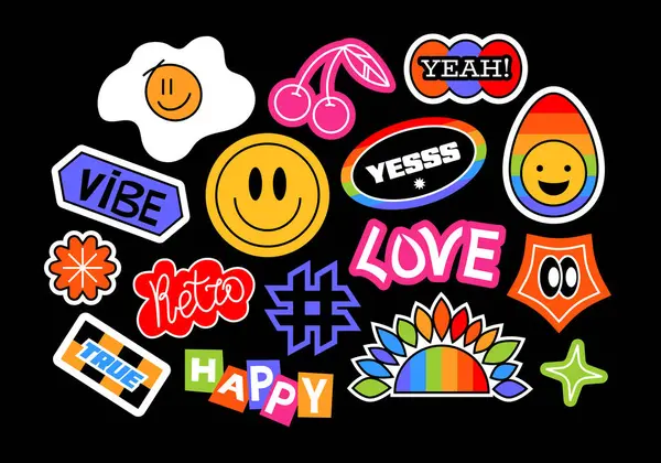 Gelecekçi y2k yamaları, etiketler, etiketler, eski tarz bilezikler. Çizgi film çıkartmaları hippi modasına uygun, grunge 90 'ların tarzında. Düz şekilli karalama cümleleri. Şirin vektör seti, moda tanıtım etiketleri. 