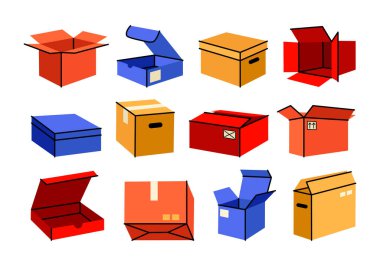 Eski çizgi film tarzında şirin hediye ve teslimat kutuları. Açık ve kapalı kutular, ambalaj, nakliye unsurları. Moda düz karalama illüstrasyonunda şık ve canlı kutu koleksiyonu. Farklı şekillerdeki vektör paketleri.