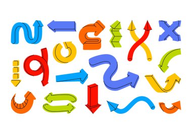 Oklar, noktalar, tasarım elementleri, eylemler ve hareket işaretleri, işaretler ayarlandı. Yönlendirme simgeleri, bilgisayar arayüzünde navigasyon. Düz vektör çizimi beyaz arkaplanda izole edildi. Web tasarımı için, ui, ux.