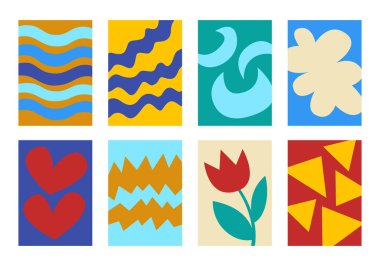 Posterler, kartpostallar ve el ilanları için özet, tasarım, çerçeve ve geçmiş koleksiyonu. İç mekan ve tatiller için doğal motiflere sahip şablonlar ve basit dekorlar. El çizimi geometrik şekiller, sınırlar, şekiller.