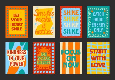 Duvar dekorasyonu için soyut motivasyon posterleri. Pozitif alıntılar ve renkli geometrik kompozisyonlar moda çizgi film tarzında. Mutfak, kafe ve restoranlar için dekorasyon. Minimalist duvar parlak afişler.