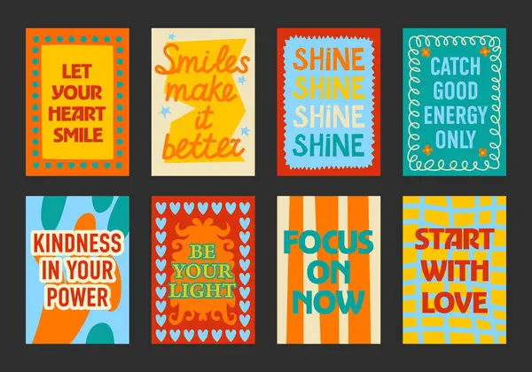 Duvar dekorasyonu için soyut motivasyon posterleri. Pozitif alıntılar ve renkli geometrik kompozisyonlar moda çizgi film tarzında. Mutfak, kafe ve restoranlar için dekorasyon. Minimalist duvar parlak afişler.