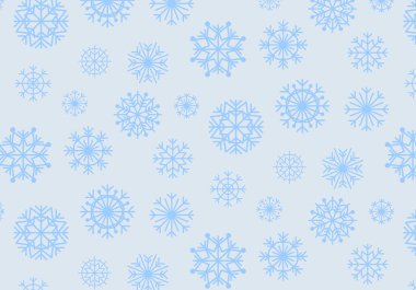 Cute seamless pattern of blue snowflakes of various shapes and sizes in a flat minimalist style. Christmas decor, Christmas, New Year, frost, winter, toy and cozy atmosphere. Seasonal textile.