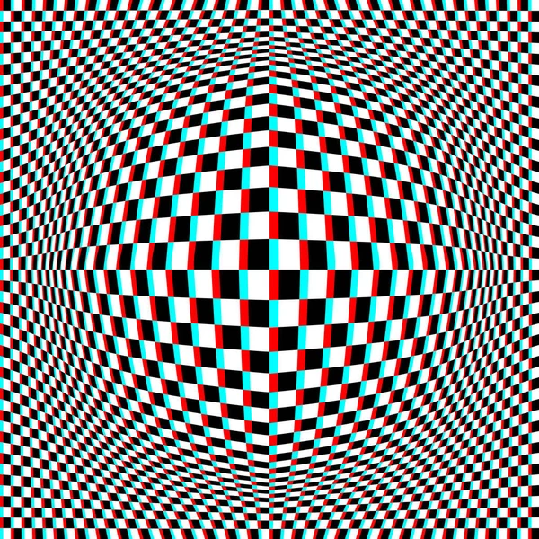 光学艺术圆泡白色黑色和青色红色的花格花纹的字形风格 迷幻扭曲方象棋背景设计 — 图库矢量图片