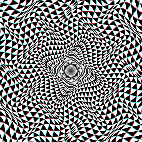 Оптический Художественный Фон Белых Чёрно Красных Голубых Треугольников Искаженном Круге — стоковый вектор