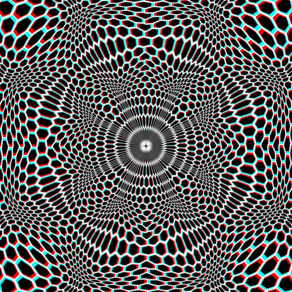 在光学艺术的背景上 白色的黑色和红色的青色扭曲了圆形的六边形 迷幻圆形装饰品的设计 — 图库矢量图片
