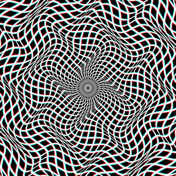 歪んだ円の中で黒と赤のシアン曲線の正方形の光アートの背景 サイケデリックラウンドチェッカー装飾デザイン ロイヤリティフリーストックベクター