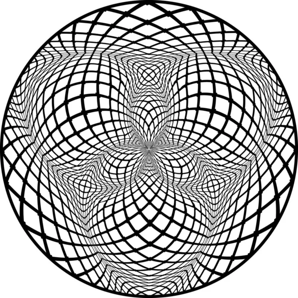 光学艺术图案的黑色圆形扭曲的正方形细胞 迷幻的圆形背景设计 — 图库矢量图片