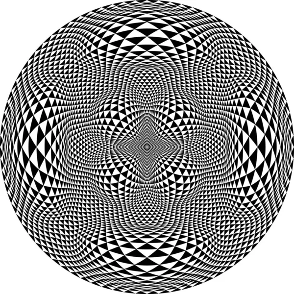 Sztuka Optyczna Okrągły Wzór Zniekształconych Czarnych Trójkątów Psychodeliczne Okrągłe Tło — Wektor stockowy
