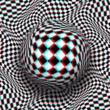 Kırmızı cyan anaglyph tarzında aynı desenli arka planda düzensiz kareli küre. Psikedelik vektör optik sanat çizimi.