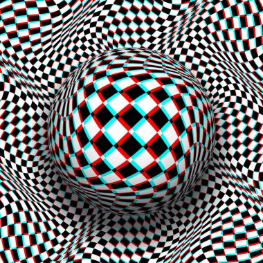 Trippy checkered sphere on same patterned distorted background in red cyan anaglyph style. Psychedelic vector optical art illustration. clipart