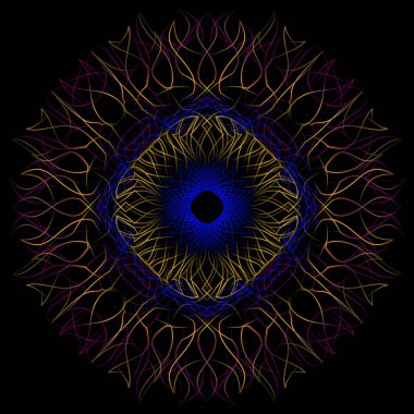 Dalgalı harmanlama çizgilerinin parlayan lonca deseni. Renkli geleneksel İskit mandala.