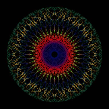 Parlak yuvarlak desenli birçok harmanlama çizgisi. Renkli geleneksel İskitli ejderha gözü mandala.