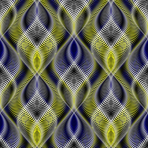 波状線のベクトル再現性のあるムーア現代的なパターン 光学芸術黒白青と黄色のグラデーションテクスチャ壁紙デザインのための — ストックベクタ
