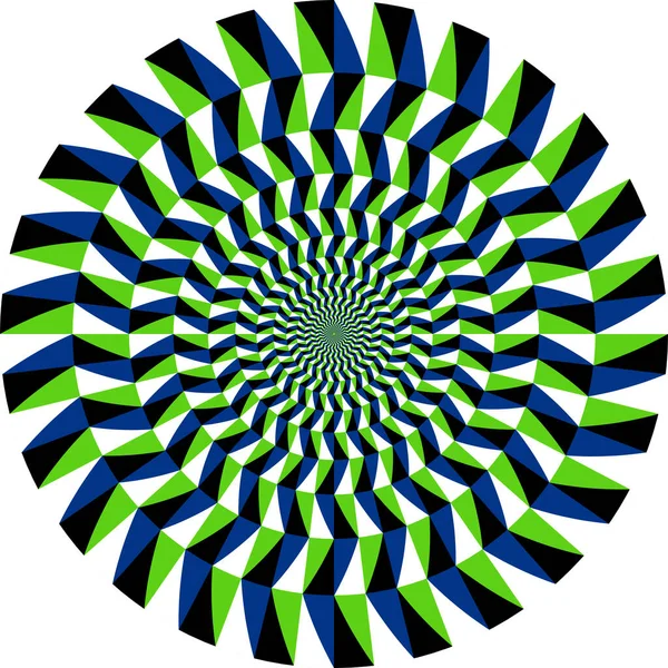 Оптична Ілюзія Кола Рухомого Візерунка Синіми Зеленими Білими Чорними Трикутниками — стоковий вектор
