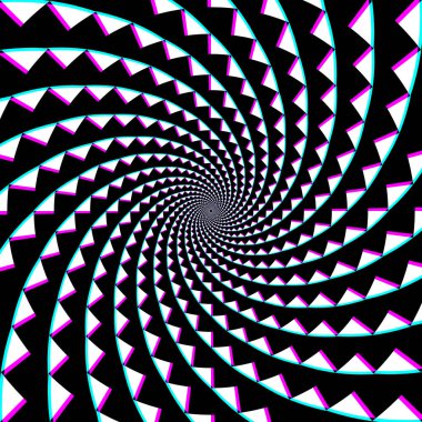 Siyah üzerine beyaz üçgenlerin dairesel spiral arka planı. Psikedelik optik sanat tasarımı.