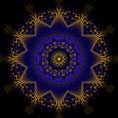 Yuvarlak desenli altın mavisi siyah renkte mandala. Optik sanat arka plan tasarımı. Vintage daire resmi.