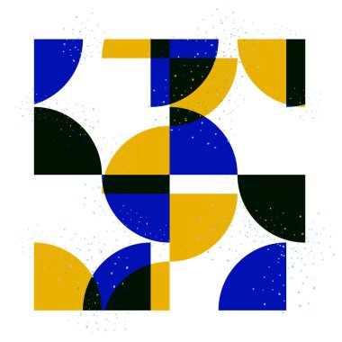 Eski risograf tarzında soyut mavi ve sarı çeyrek daireler. Parlak modern vektör arkaplanı