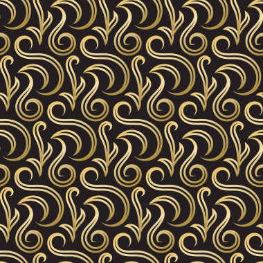 Siyah arka planda altın dekoratif şekilli kusursuz desenler. Klasik tarzda dizayn için şablon.