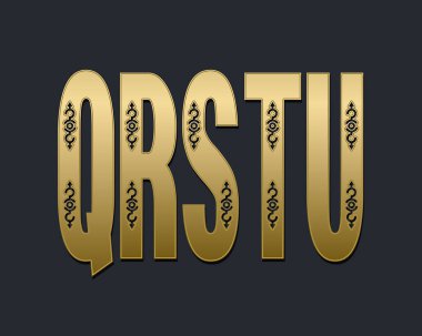Q, R, S, T, dekorda kullanılan eski büyük harfler. Altın dekoratif yazı tipi.