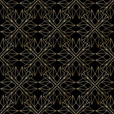 Siyah zemin üzerinde ince altın süs olan kusursuz desenler. Moda tarzında tasarım için şablon.