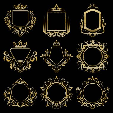 Monogramlar ve armalar için altın desenli çerçeveler. Rozet tasarımı için iyi.