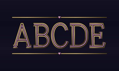 A, B, C, D, E altın harfleri ve içinde altın kalpler var. Romantik tarzda dekoratif yazı tipi.