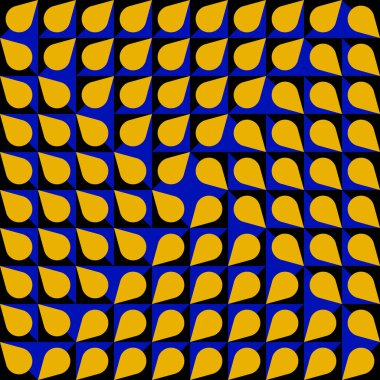Mavi-siyah hücrelere sarı damlalar. Damlalar meydanda farklı yönlere uçuyor gibi görünüyor. Optik illüzyon arka planı. Çerçeve olarak kullanılabilir.