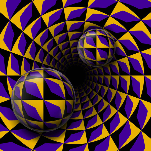 Два узорчатых шара на заднем плане. Похоже, они двигаются внутрь. Оптическая иллюзия.