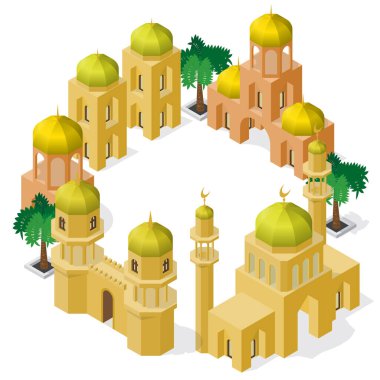 Altın kubbeli üç boyutlu izometrik modeller. Ortasında metin için boş alanı olan antik binalar kümesi.