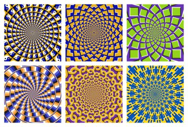 Dinamik dairesel desenlerin vektör kümesi. Hareket etmenin optik etkisiyle göz alıcı arka planlar.