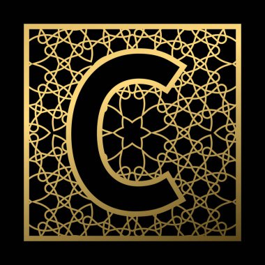 C harfi siyah arka planda eski model kare şeklinde oyulmuştur. Klasik stilde altın monogram.