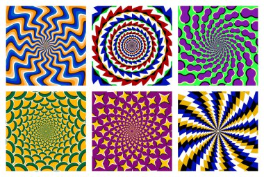 Altı dinamik dairesel desenli vektör kümesi. Göz alıcı arka planlar ve optik illüzyonlar sanki hareket ediyorlar..